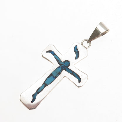 925 Sterling Silver Vintage Mexico Real Turquoise Inlay Crucifix Cross Pendant