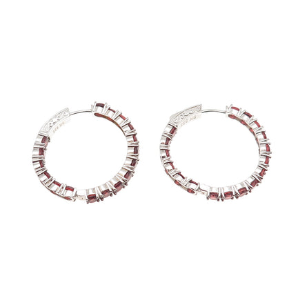 925 Sterling Silver Real Round-Cut Red Garnet In & Out Hoop Earrings