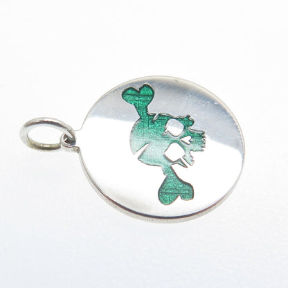 925 Sterling Silver Green Enamel Skull & Bone Round Tag Minimalist Charm Pendant