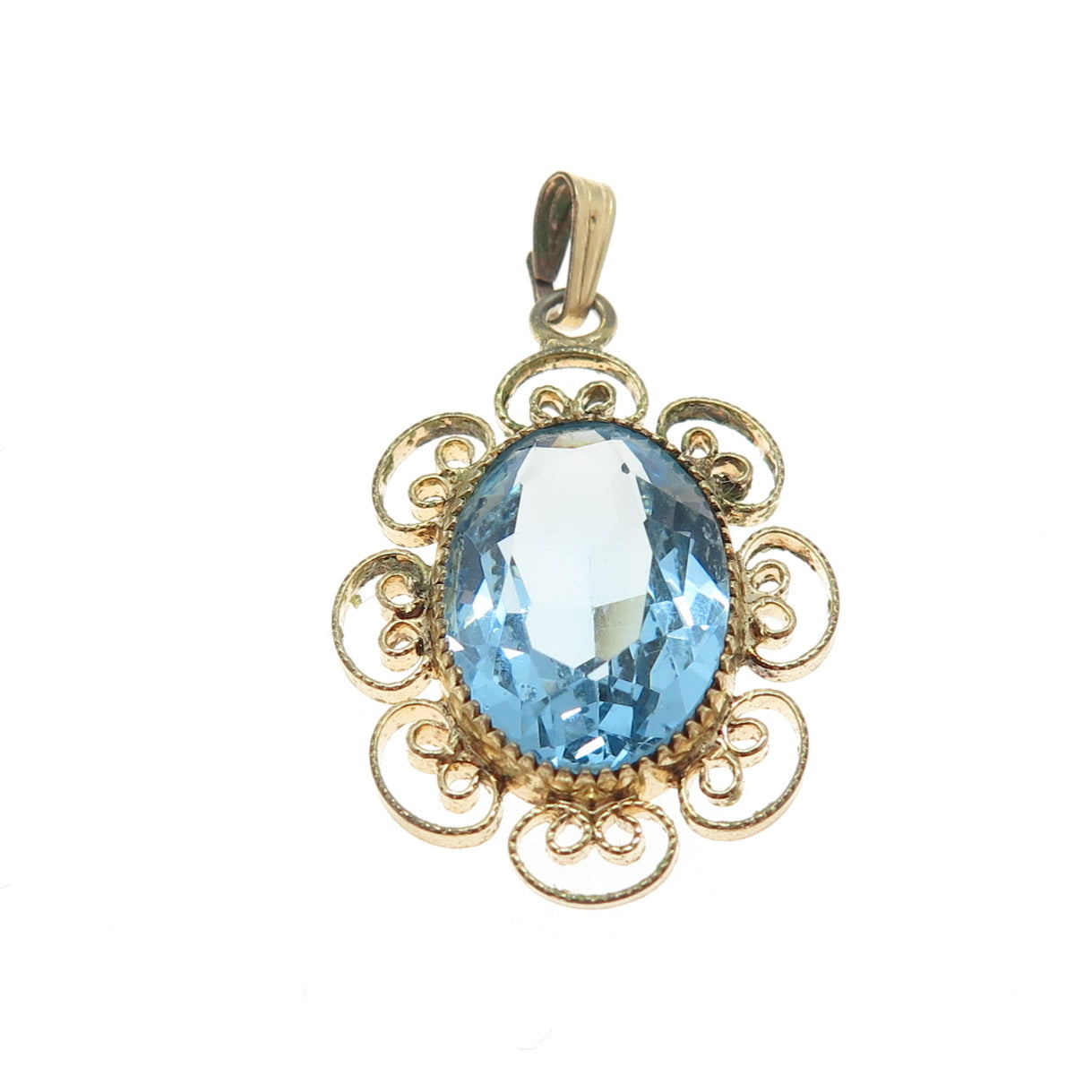 1/20 12K Gold Filled Antique Blue Oval-Cut Shaped C Z Ornate Pendant