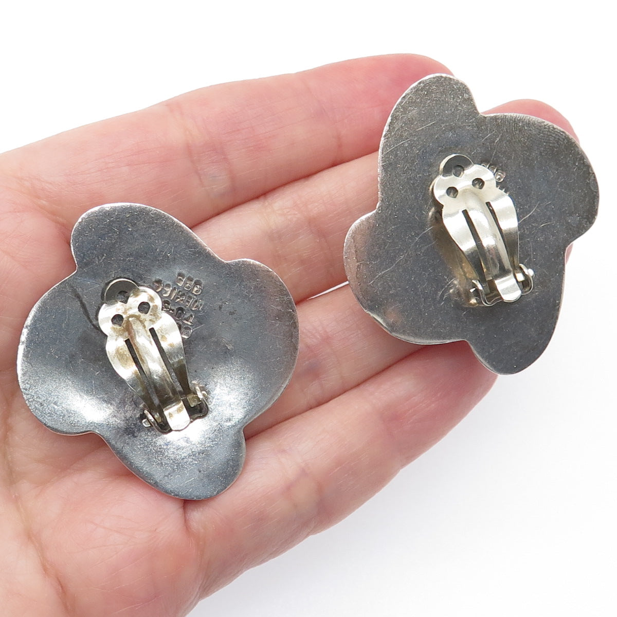 DULCE 925 Sterling Silver Vintage Mexico Modernist Clip On Earrings
