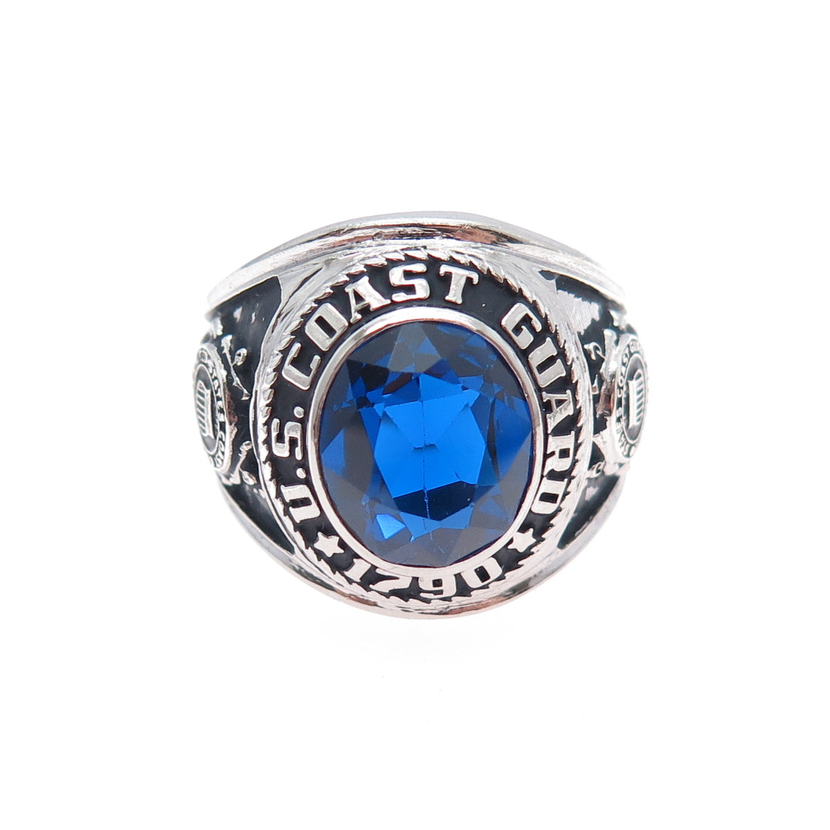CREST CRAFT Sterling Vintage Lab-Created Sapphire US Coast Guard Ring Size 9.75
