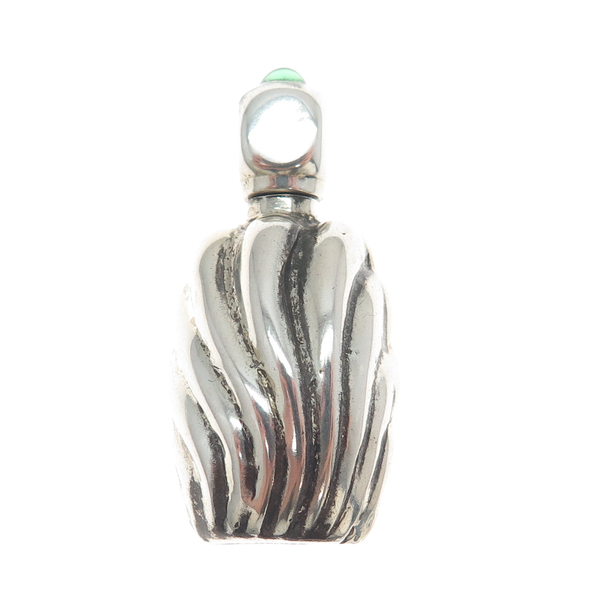 925 Sterling Silver Vintage Mexico Green Glass Modernist Oxidized Perfume Bottle