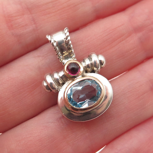 Select Jewelry 925 Sterling 14K Gold Vintage Real Blue Topaz Red Garnet Pendant