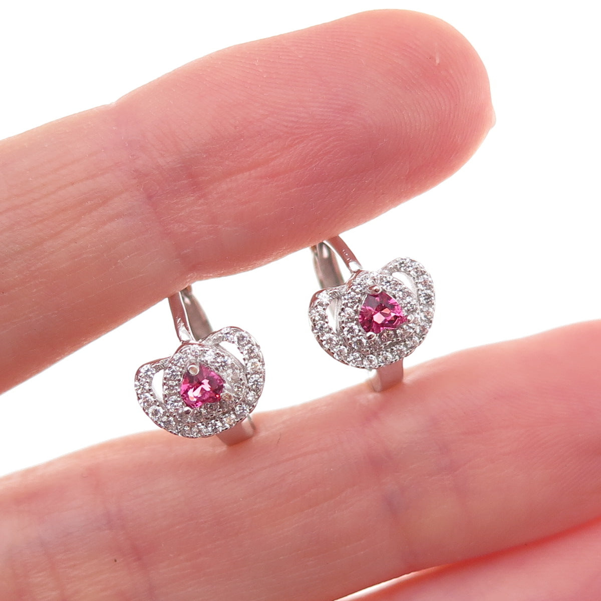 925 Sterling Silver Pink & White C Z Hoop Earrings