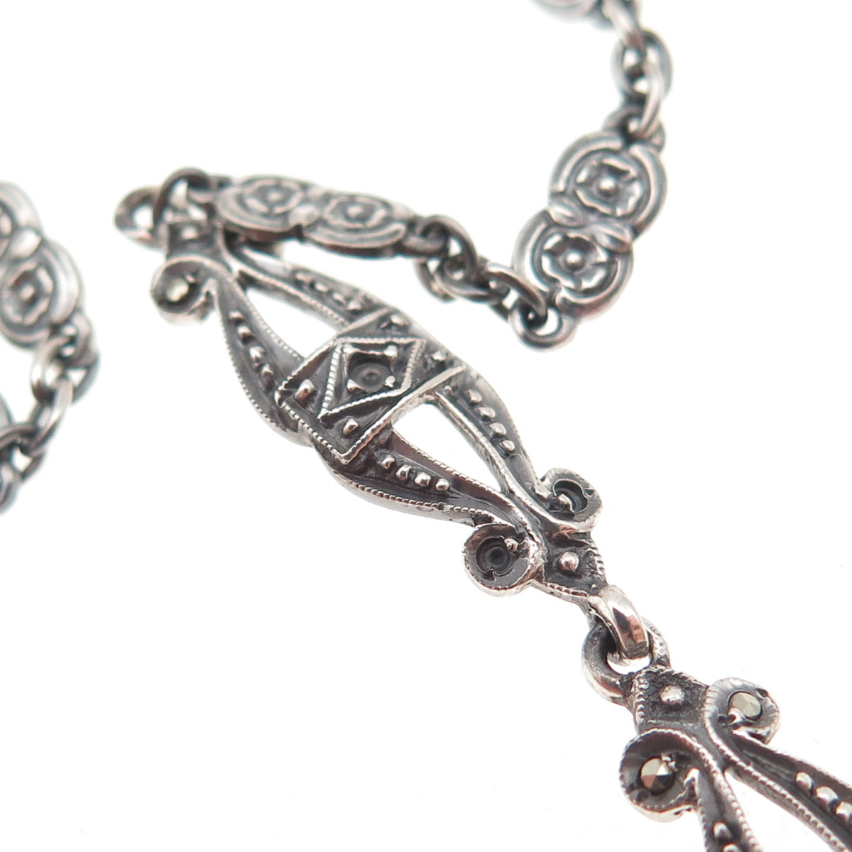 925 Sterling Antique Art Deco Real Marcasite Necklace 16" (missing 26 stones)