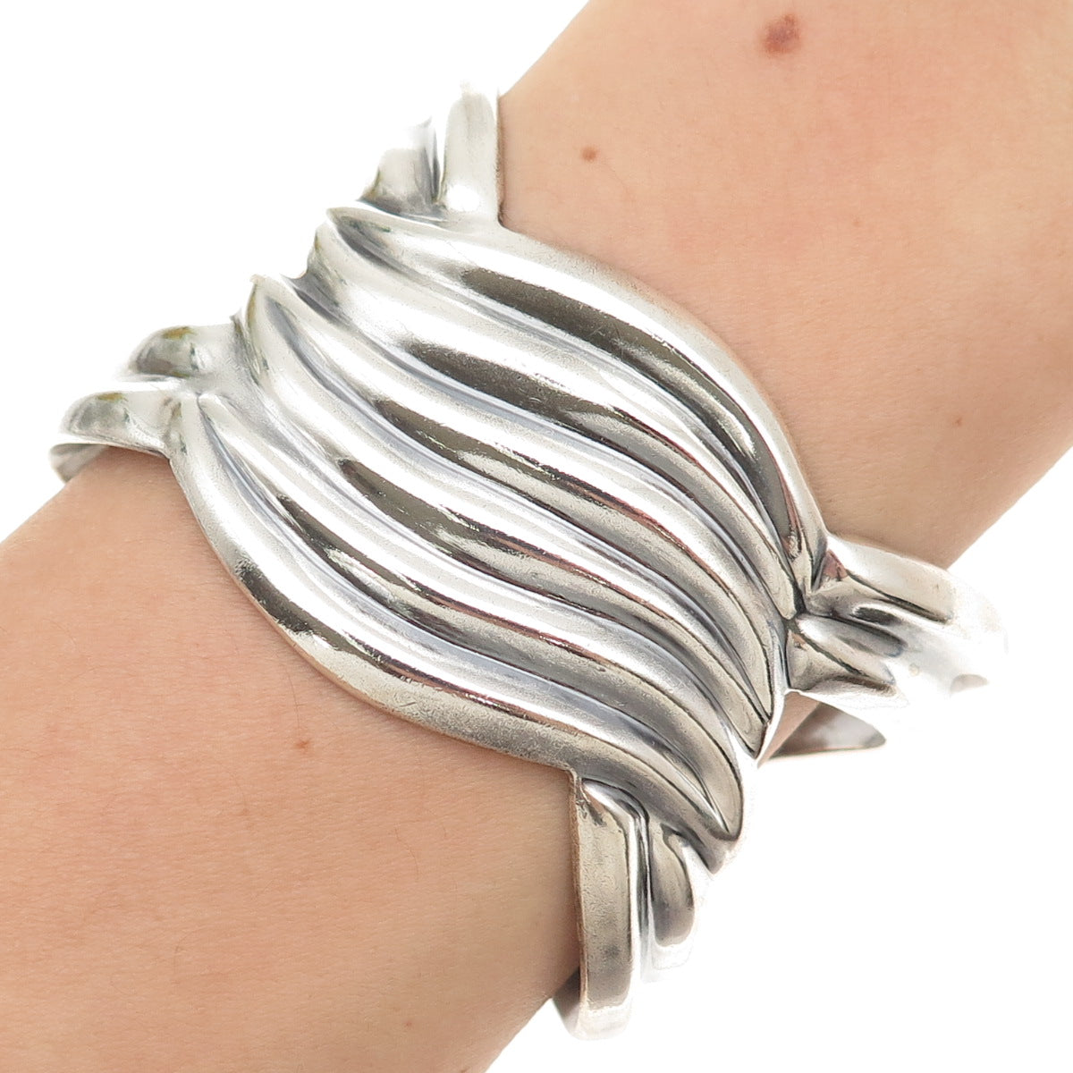 925 Sterling Silver Vintage Mexico Modernist Wavy Adjustable Cuff Bracelet 6.75"