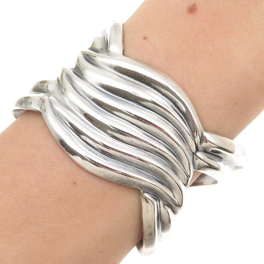 925 Sterling Silver Vintage Mexico Modernist Wavy Adjustable Cuff Bracelet 6.75"
