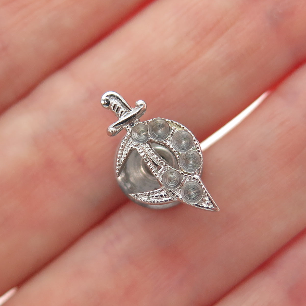 925 Sterling Silver Antique Crescent Warrior Dagger Lapel Pin (missing 6 stones)