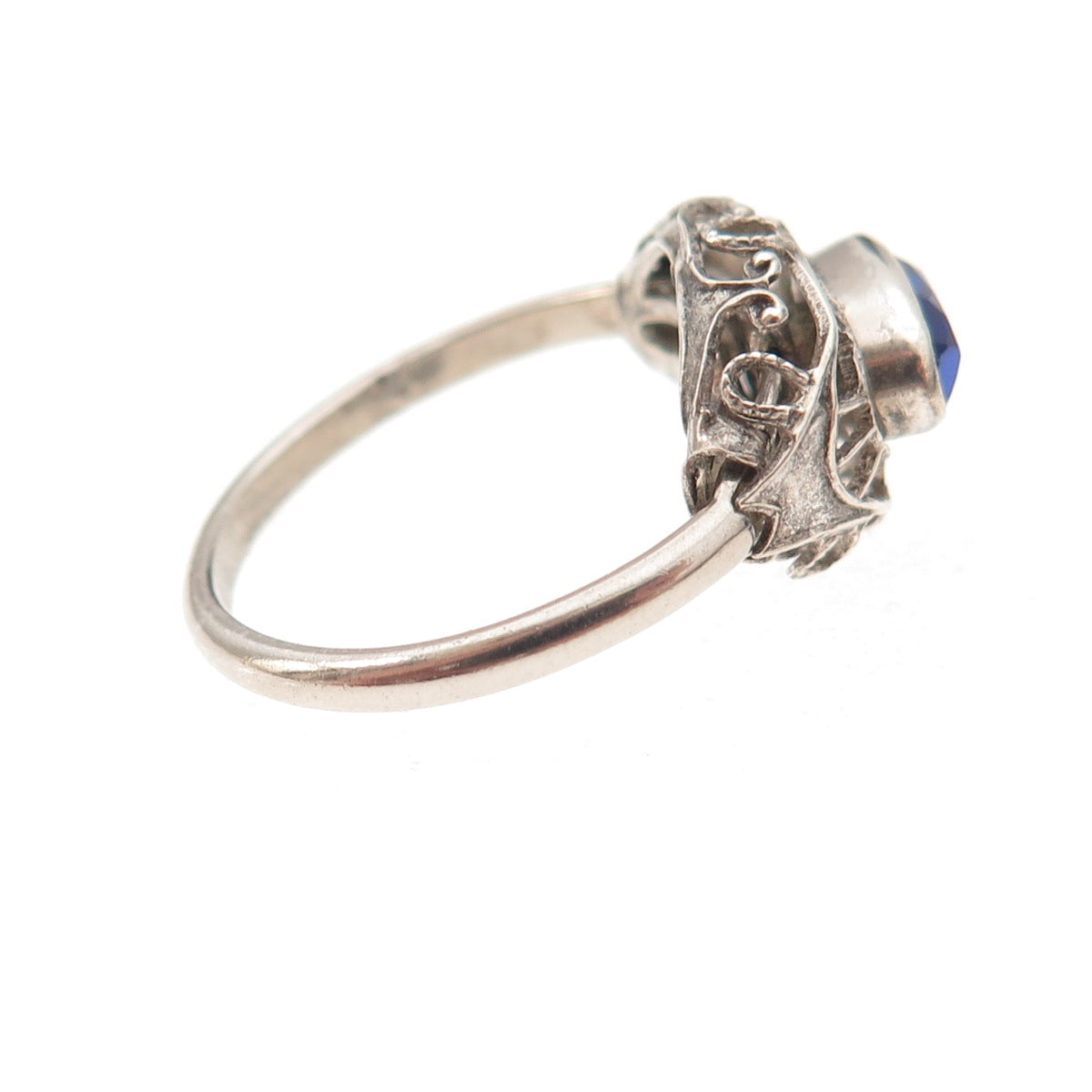 925 Sterling Silver Antique Art Deco Blue Rhinestone Oxidized Ring Size 5.5