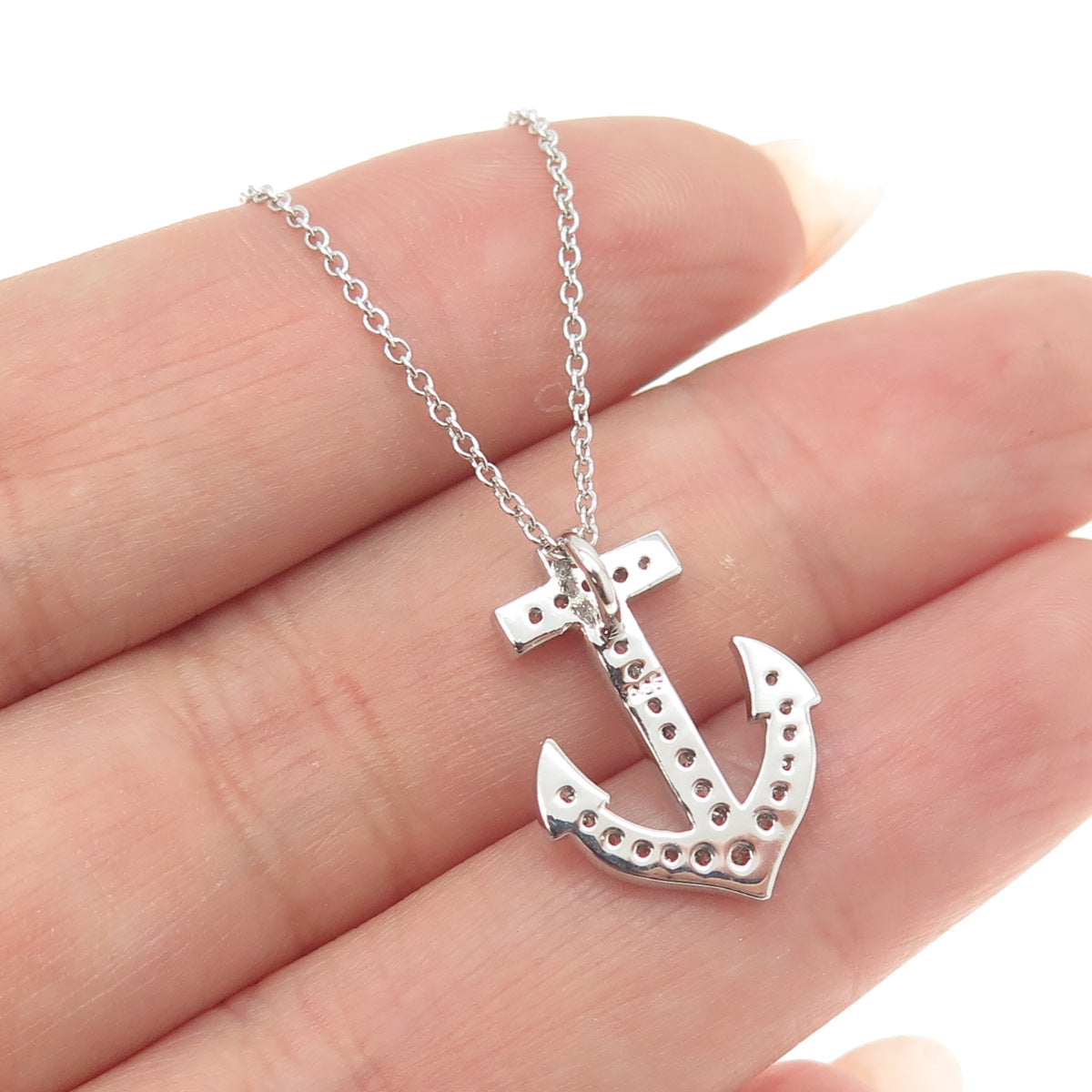 925 Sterling Silver Pave C Z Anchor Pendant Rolo Chain Necklace 18"