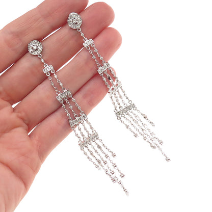 925 Sterling Silver Round-Cut C Z Long Dangle Earrings