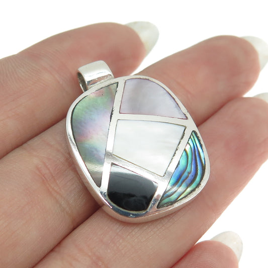 925 Sterling Silver Vintage Mother-of-Pearl Abalone Shell Black Onyx Gem Pendant