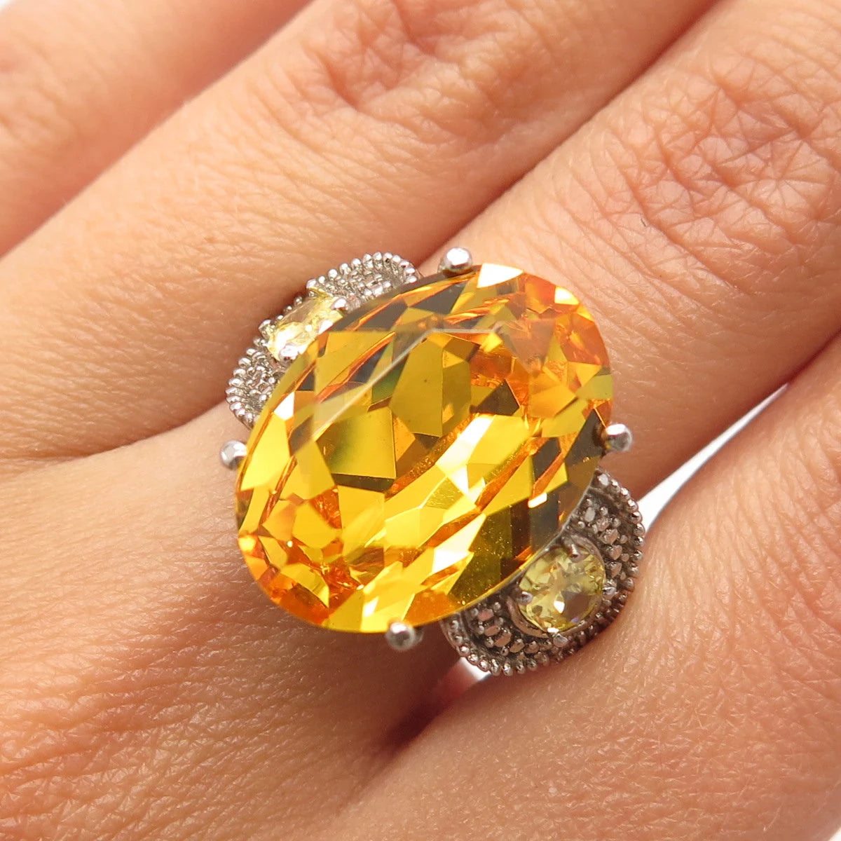 925 Sterling Silver Vintage Imperial Rhinestone & Yellow C Z Ring Size 7