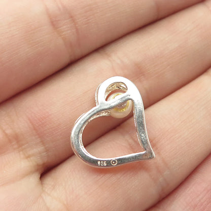 925 Sterling Silver Vintage Real Pearl Open Heart Slide Pendant