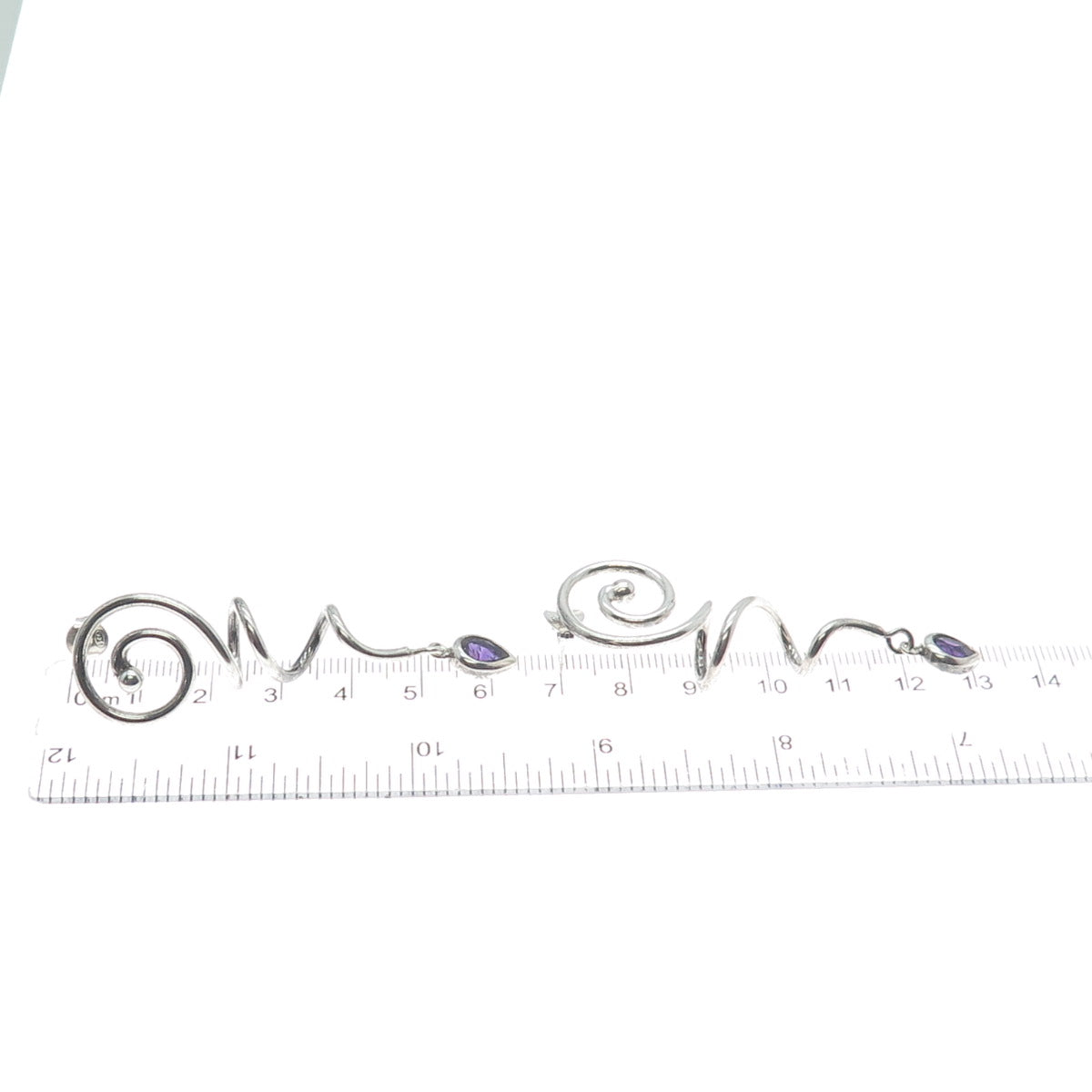925 Sterling Silver Vintage Real Pear-Cut Amethyst Gem Spiral Dangle Earrings
