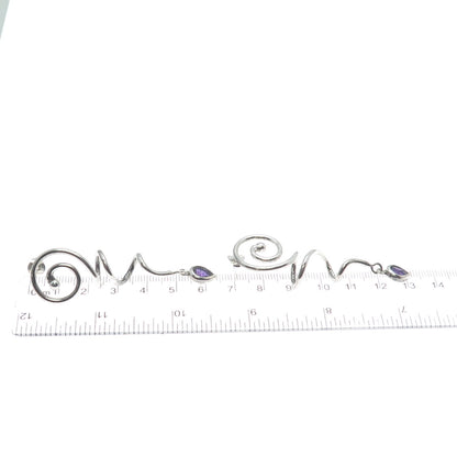 925 Sterling Silver Vintage Real Pear-Cut Amethyst Gem Spiral Dangle Earrings