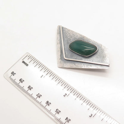 935 Silver Vintage Real Green Onyx Gemstone Textured Pin Brooch / Pendant