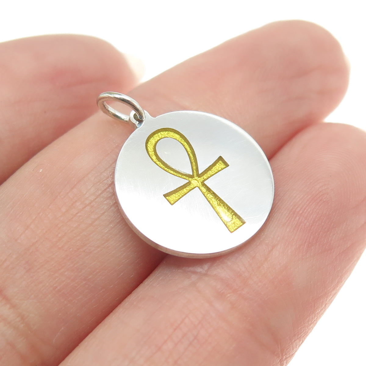 925 Sterling Silver Yellow Enamel Egyptian Ankh Round Minimalist Charm Pendant