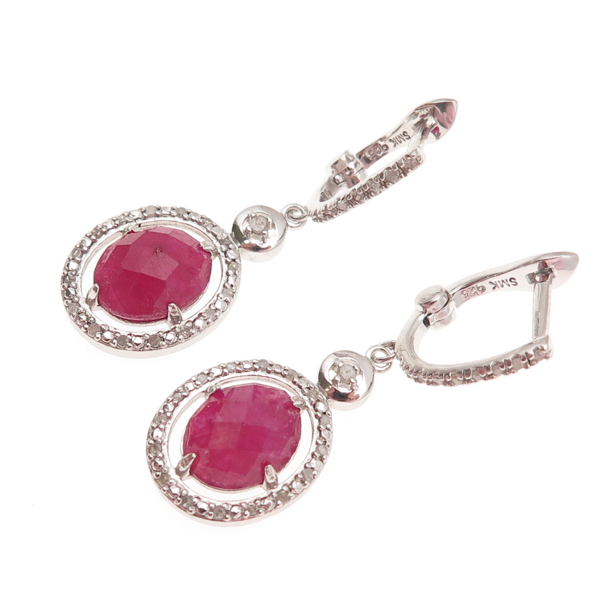 925 Sterling Silver Real Round-Cut Diamond & Oval-Cut Ruby Dangle Earrings