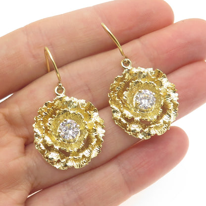 925 Sterling Silver Gold Plated Round-Cut C Z Flower Dangle Earrings