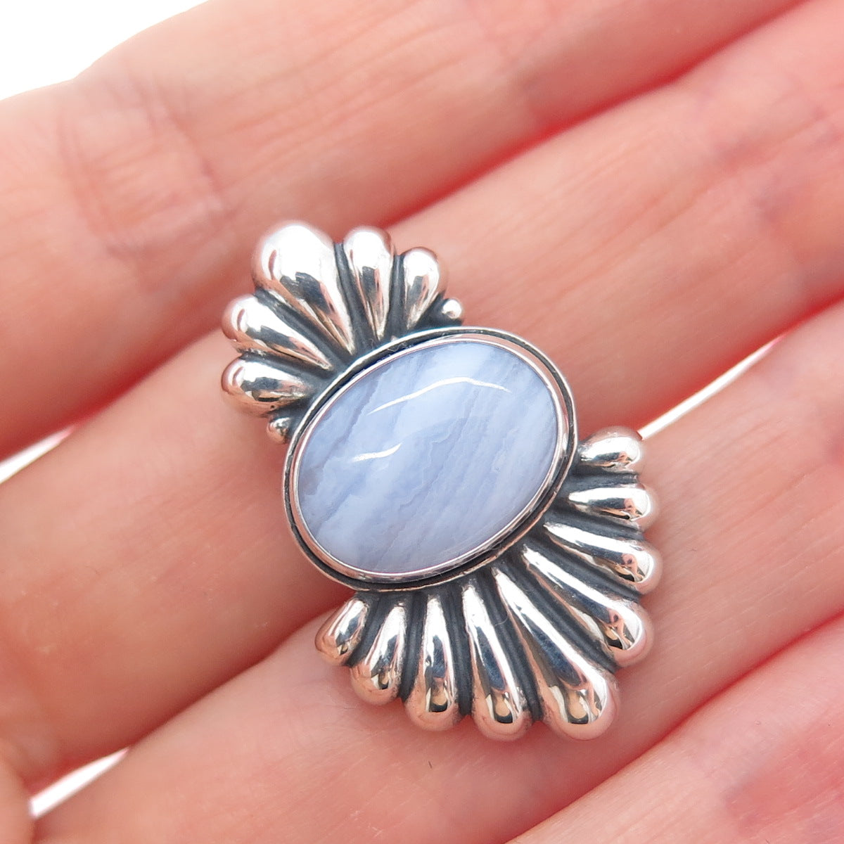 CAROLYN POLLACK Sterling Silver Vintage Real Lace Agate Oxidized Slide Pendant