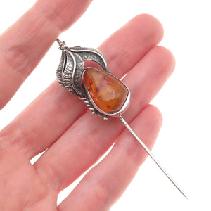 800 Silver Vintage JS Poland Real Amber Modernist Floral Oxidized Lapel Pin