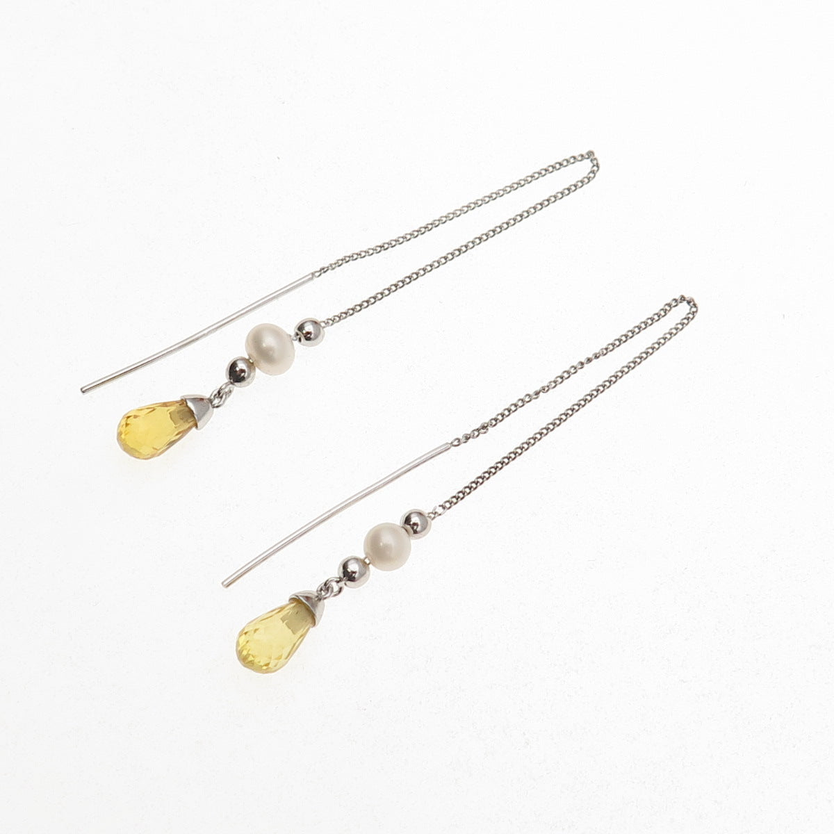 925 Sterling Silver Real Pearl & Lemon Quartz Chain Drop Earrings