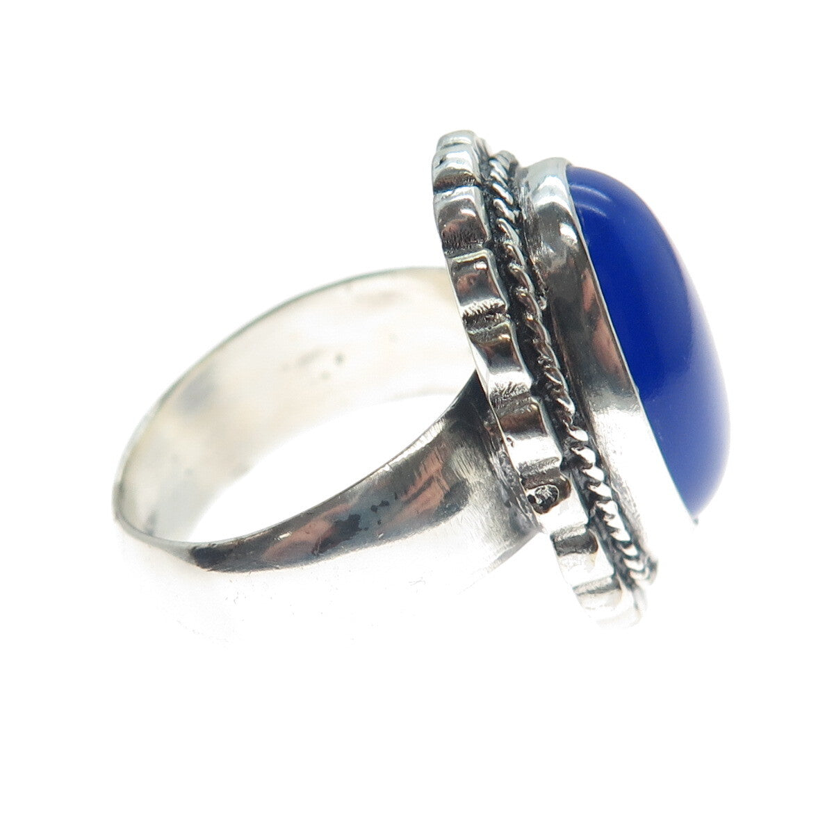 925 Sterling Silver Vintage Real Blue Chalcedony Flower Oxidized Ring Size 8.75