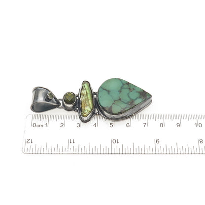 925 Sterling Silver Vintage Real Turquoise Pearl Tourmaline & Peridot Pendant