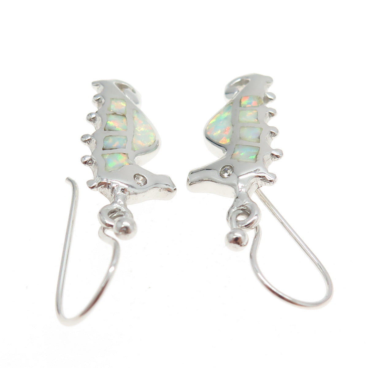 925 Sterling Silver Real Opal & C Z Seahorse Dangling Earrings