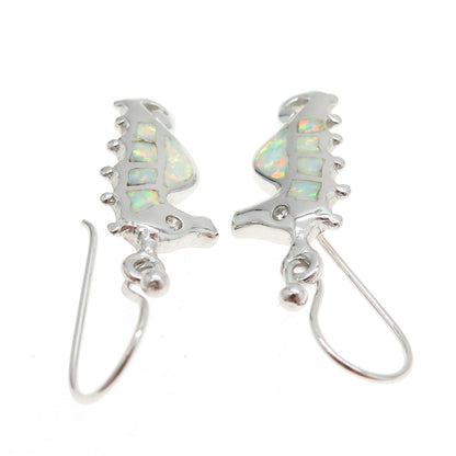925 Sterling Silver Real Opal & C Z Seahorse Dangling Earrings