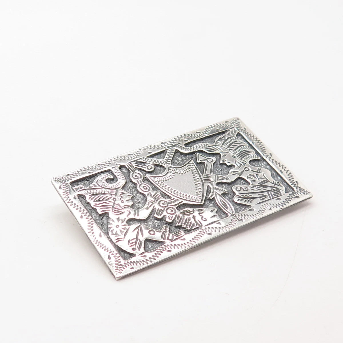 925 Sterling Silver Vintage Mexico Warrior Storyteller Rectangle Pin Brooch