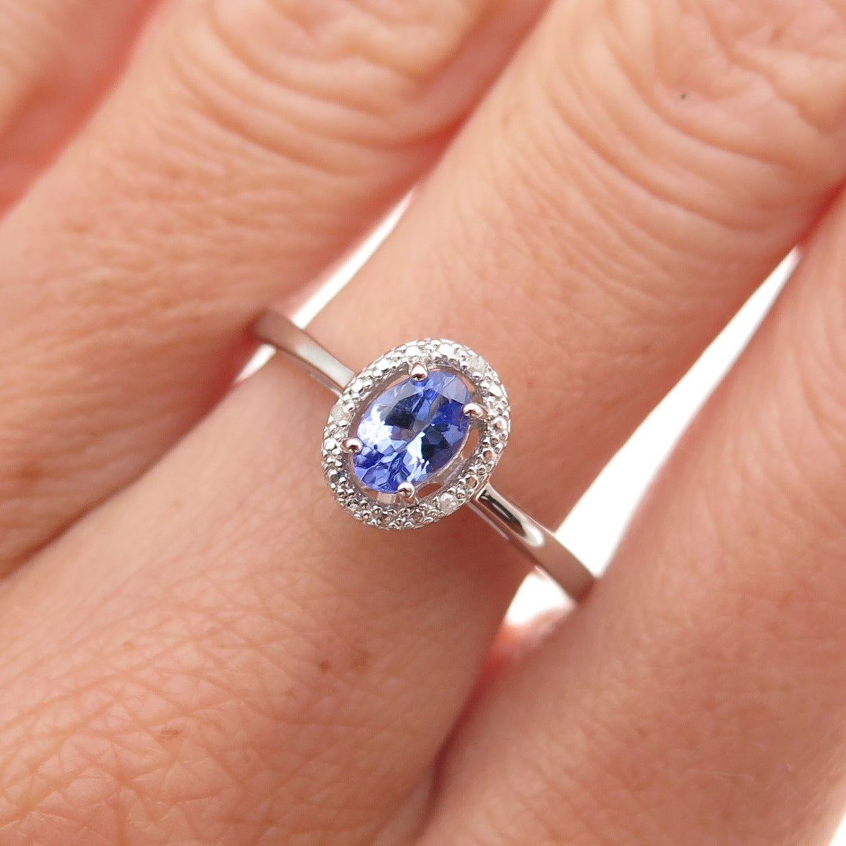 925 Sterling Silver Real Round-Cut Diamond & Oval-Cut Tanzanite Ring Size 8