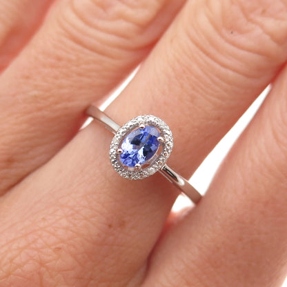 925 Sterling Silver Real Round-Cut Diamond & Oval-Cut Tanzanite Ring Size 8