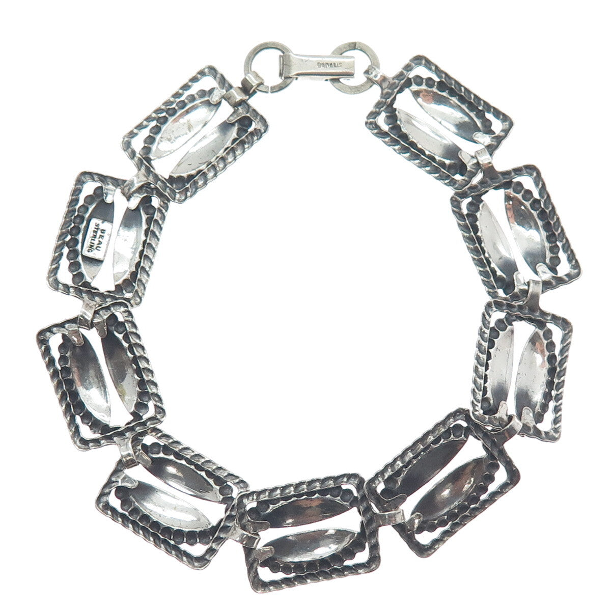 BEAU 925 Sterling Silver Antique Art Deco Coffee Bean Panel Link Bracelet 7.25"