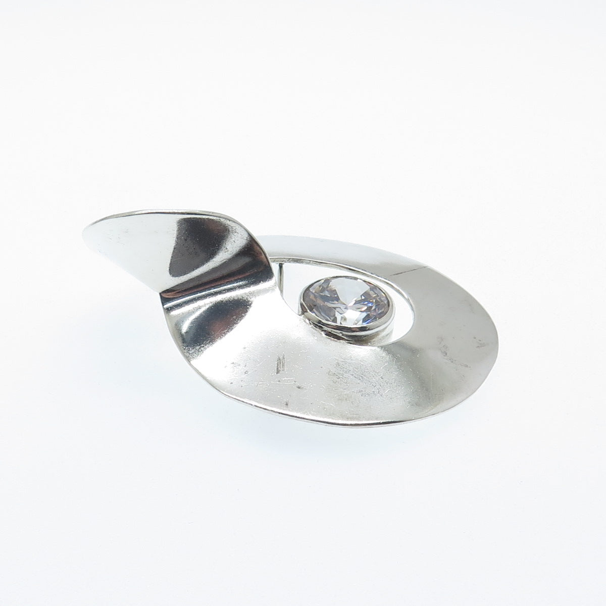 925 Sterling Silver Vintage SU Mexico Round-Cut C Z Modernist Twisted Pin Brooch