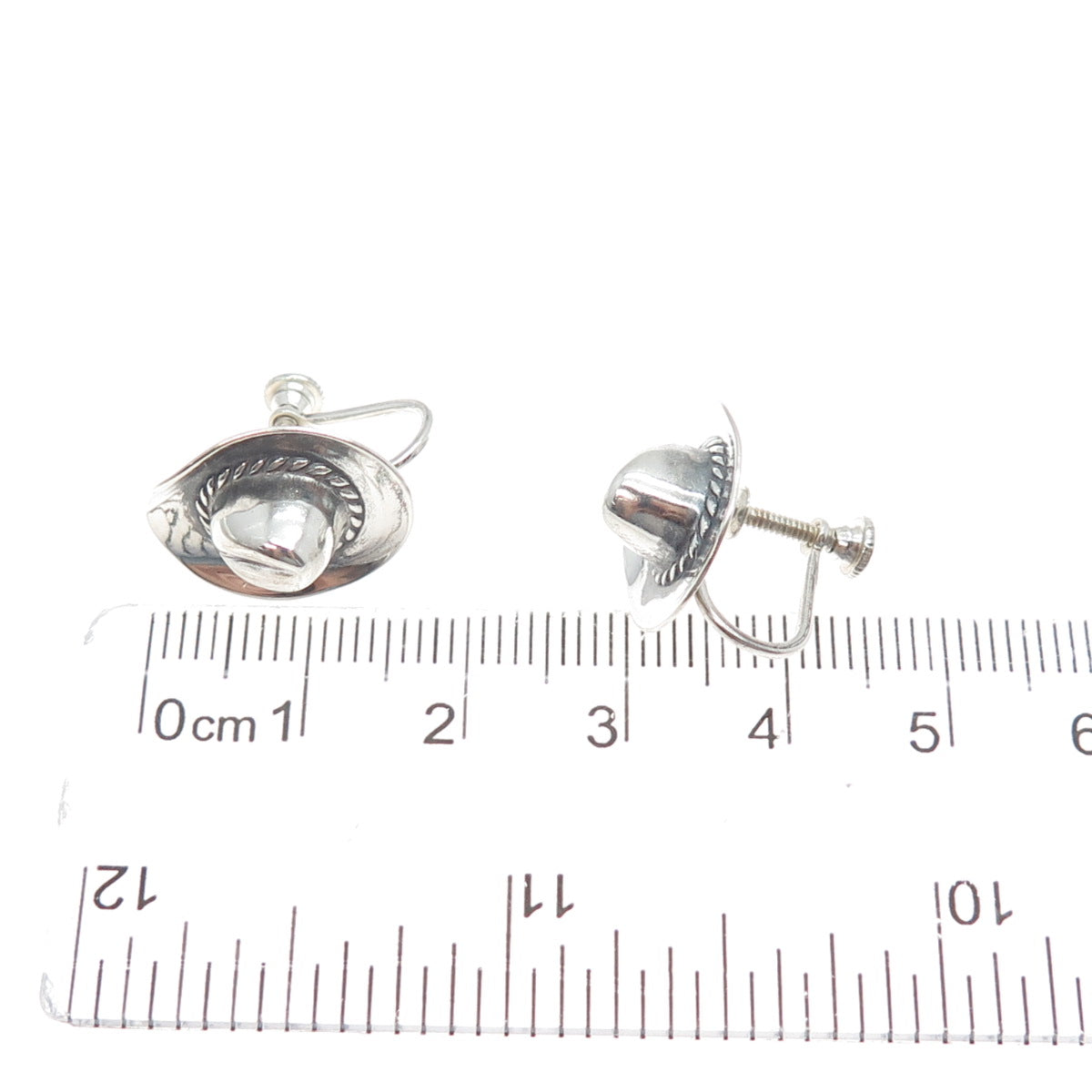 925 Sterling Silver Vintage Southwestern Cowboy Hat Oxidized Screw Back Earrings
