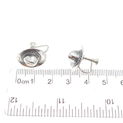 925 Sterling Silver Vintage Southwestern Cowboy Hat Oxidized Screw Back Earrings