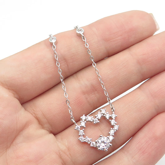 925 Sterling Silver Pave C Z Heart Rolo Chain Necklace 16"