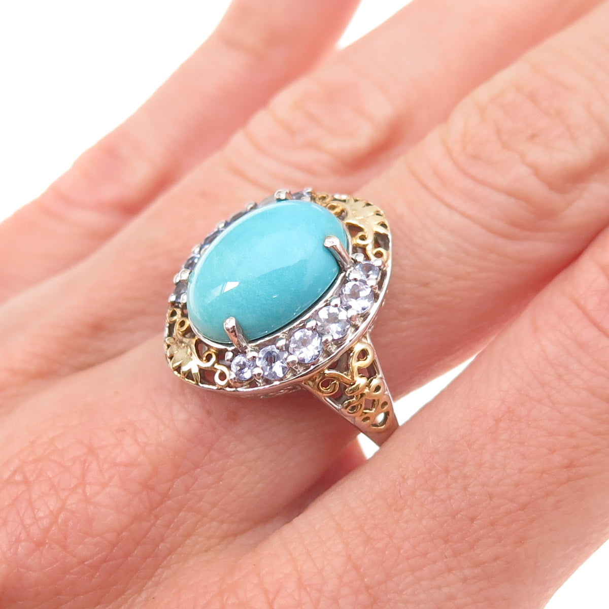 Chuck Clemency Sterling Silver 2-Tone Real Turquoise & Tanzanite Ring Size 8.25