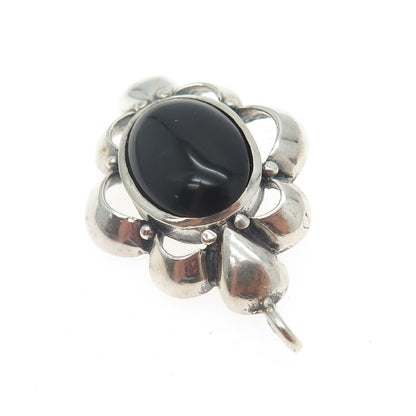 MORNING SUN 925 Sterling Silver Vintage Real Black Onyx Floral Pendant