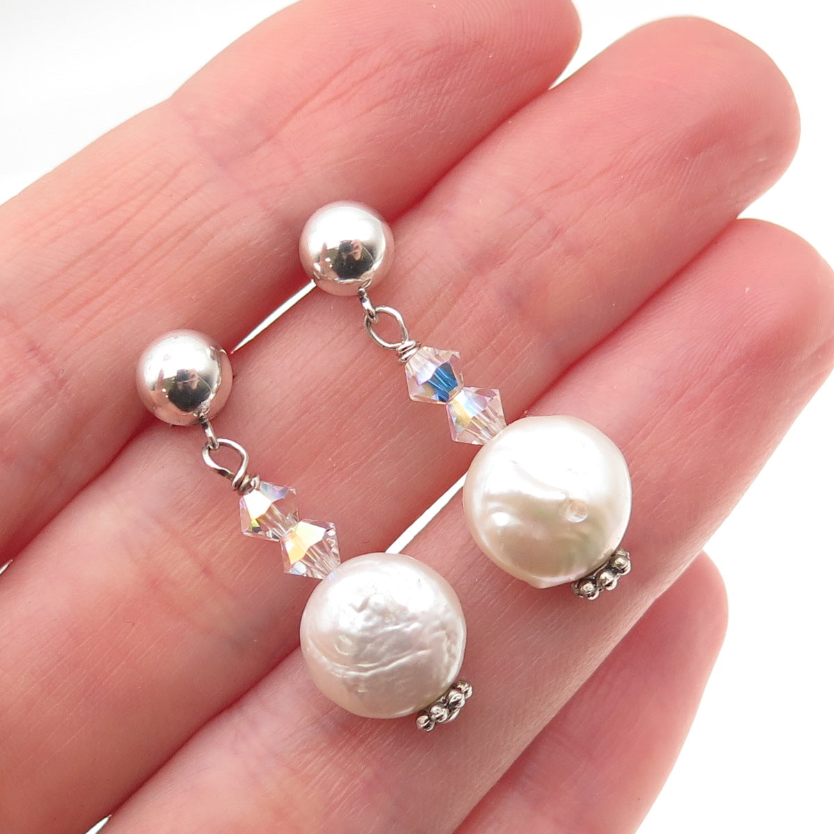 925 Sterling Silver Real Pearl & Crystal Dangle Earrings