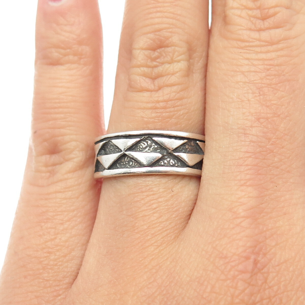 SUN WEST 925 Sterling Silver Vintage Checkers Band Ring Size 6.5
