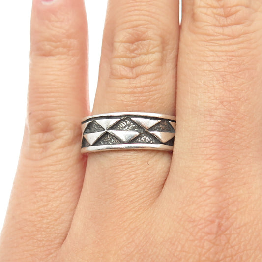 SUN WEST 925 Sterling Silver Vintage Checkers Band Ring Size 6.5