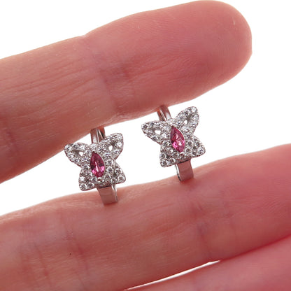 925 Sterling Silver Pink & White C Z Butterfly Hoop Earrings