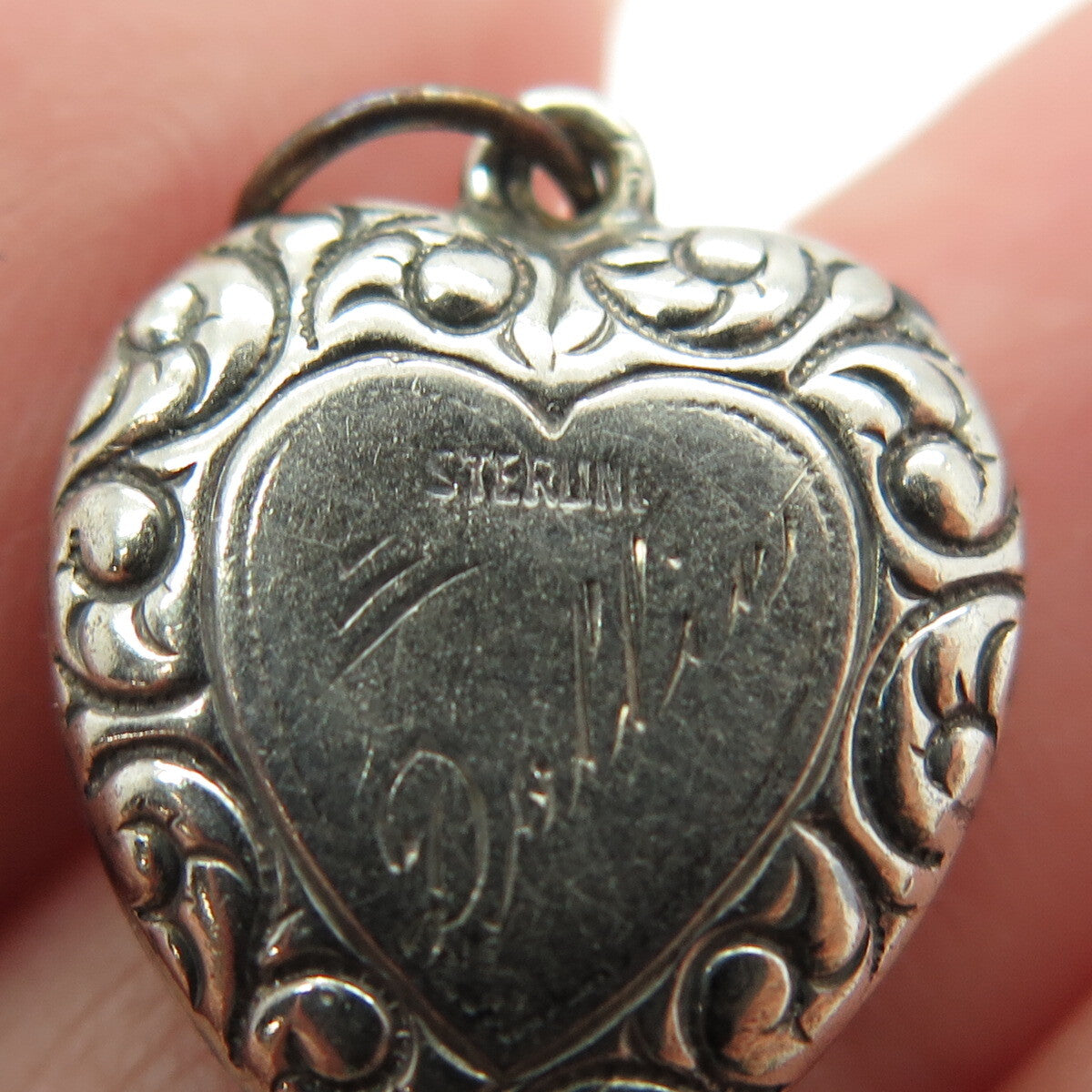 925 Sterling Silver Antique Art Deco Repousse Heart Chatelaine Charm Pendant