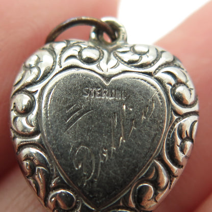 925 Sterling Silver Antique Art Deco Repousse Heart Chatelaine Charm Pendant