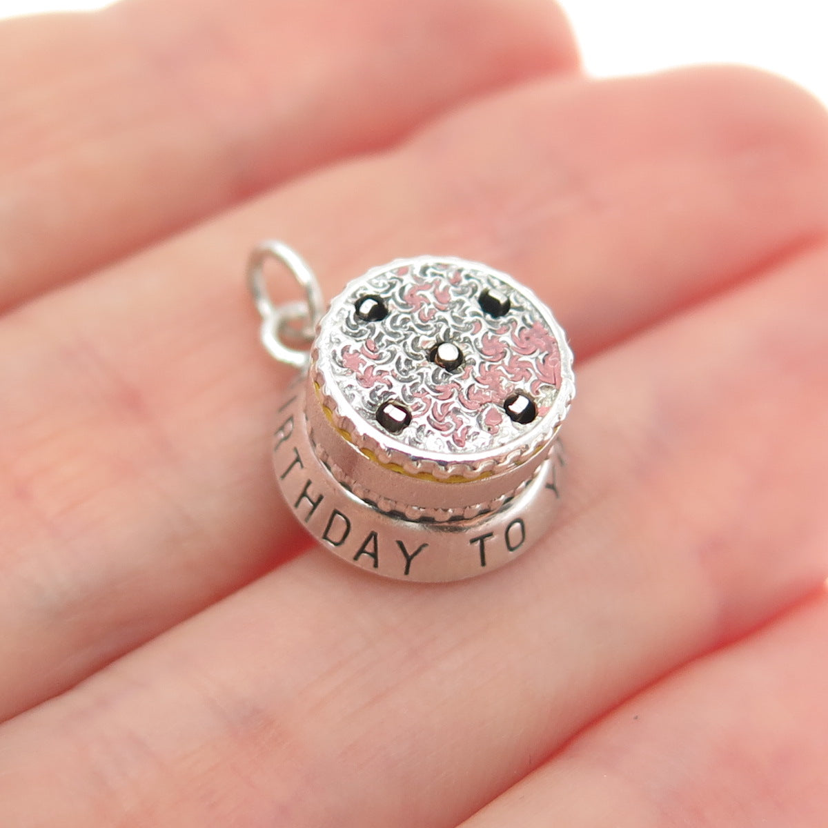 925 Sterling Antique Enamel Happy Birthday Cake Minimalist Movable Pendant