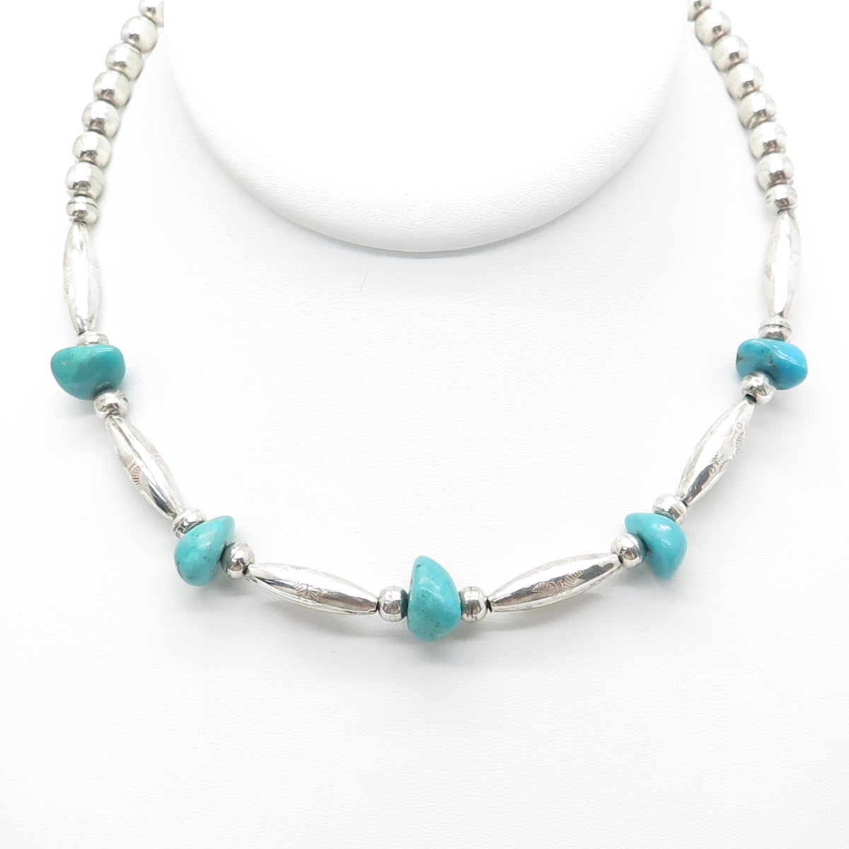 Old Pawn 925 Sterling Silver Vintage Turquoise Gem Bar & Bead Chain Necklace 14"